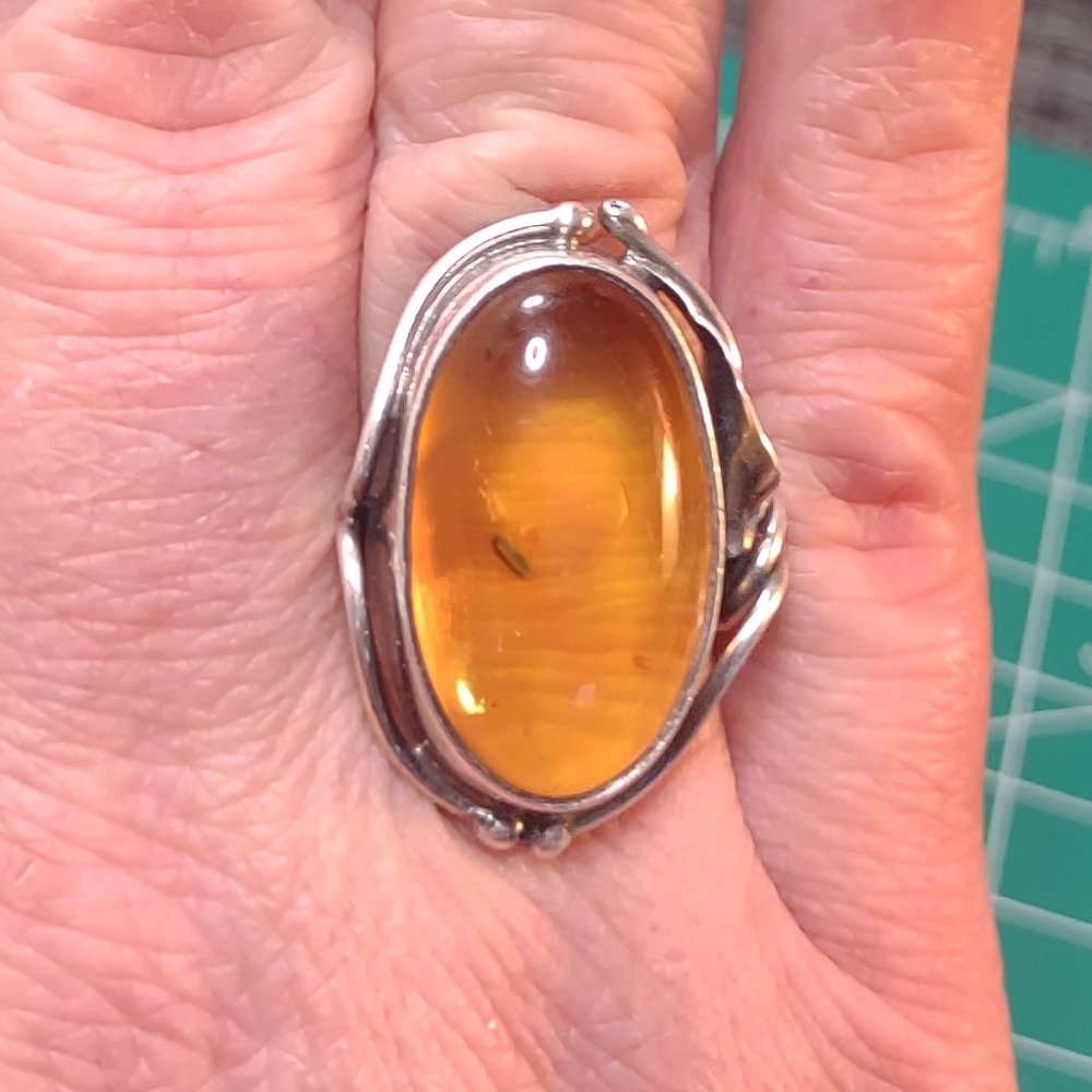 Amber sterling calla lily ring art nouveau style size 8